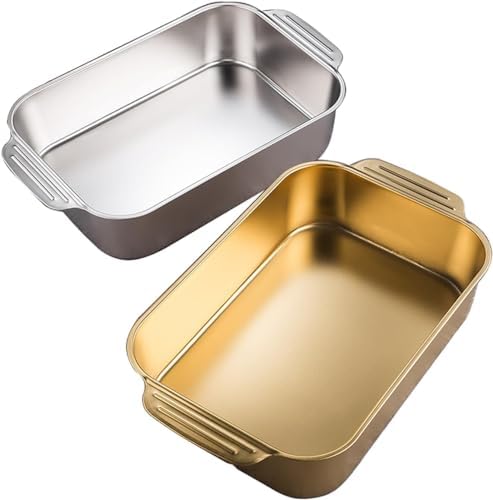 Stainless Steel Roasting Pan with Double Handles - 33/37/41/45/51cm Turkey Roaster, Baking Tray for Chicken, Beef, Vegetables, Cake & Brownies - Durable, Versatile Gold Serving Dish