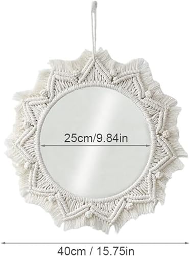 KHiry Hanging Wall Mirror with Macrame Bohemian Fringe Round Mirror Boho Macrame Circle Hanging Mirrors Bohemian Wall Hanging Mirror Decorative for Living Room Bedroom Home Decor - Image 3