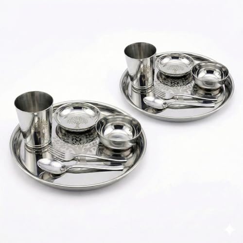 Image of Human Hydro Stainless Steel Thali Dinner Set | 12-Piece: 2 Plates, 2 Bowls (Katoris), 2 Side Plates, 2 Glasses, 2 Spoons & 2 Forks | Food-Grade, Rust-Free, Mirror Finish | Dishwasher Safe