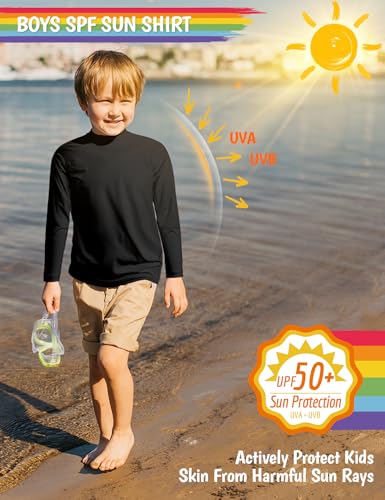 Image of Boys Rash Guard Long Sleeve UPF 50+ Sun Protection Swim Shirt for Youth Kids Black Size 12-14