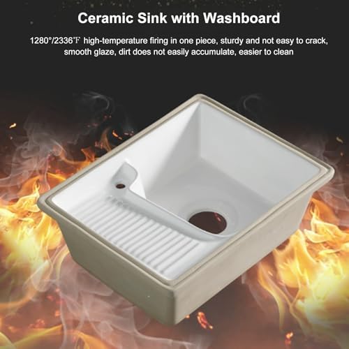 Rectangular Laundry Sink with Washboard & Elbow Faucet - Undermount Ceramic Bathroom Sink with Overflow Hole for Laundry Room, Balcony & Courtyard (440x420x180mm)