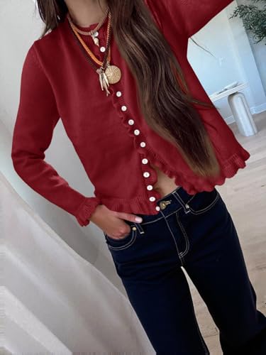 Image of Saodimallsu Womens Ruffle Cardigan Sweaters Button Up Crew Neck Long Sleeve Cropped Sweater Cute Soft Knit Tops