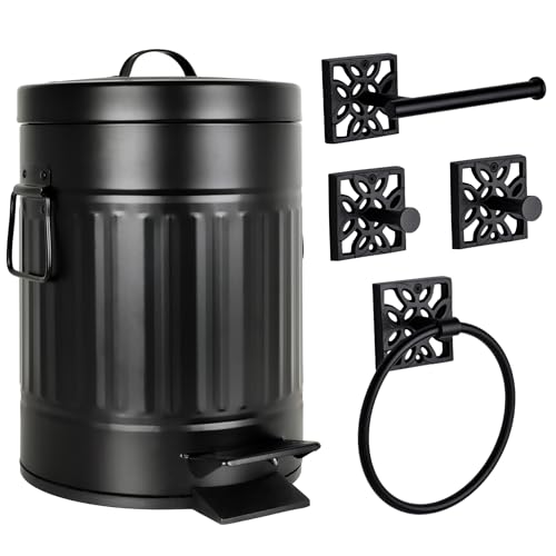 Image of Autumn Alley Matte Black Farmhouse Bathroom Set - 5-Piece Hardware Kit with Towel Ring, TP Holder, Hooks & Metal Step Trash Can with Lid for Rustic, Modern Bathroom Decor