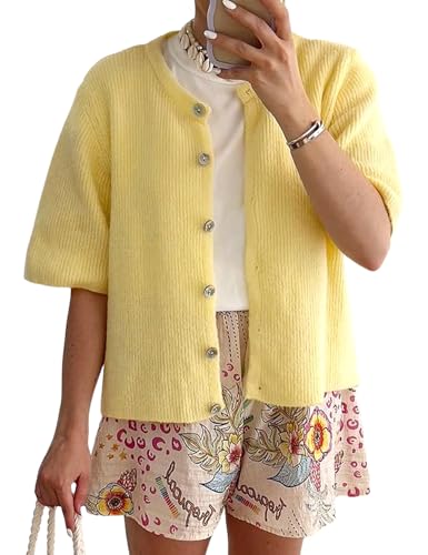 Image of Wyeysyt Womens Cropped Knitted Cardigan Y2K Short Sleeve Button Down Sweater Cardigan Shirt Casual Solid Color Ribbed Outwear