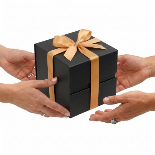 Image of LIFELUM Square Gift Box with Magnetic Lid, Card, Sticker, Ribbon, Shredded Paper Filler for Business, Wedding, Birthdays (Black, square - 7 inch, 1 count (Pack of 1))