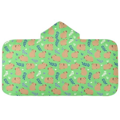 Image of Green Cute Capybara Hooded Beach Towel for Kids, Kids Bath Hooded Towels for Boys Girls, Super Soft Absorbent Bathrobe with Hood for Swin Pool 50 inchx23.5 inch