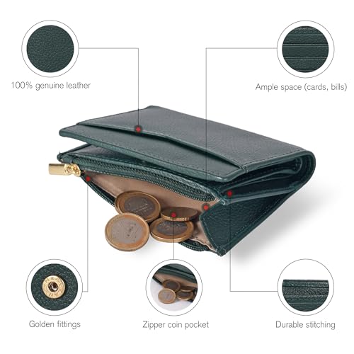 Image of Oak Leathers Leather Wallet For Women - Small RFID Coin Purse Credit Card & ID Holder for Ladies, Gift for Women's, Bifold Wallets (Nappa Dark Green)