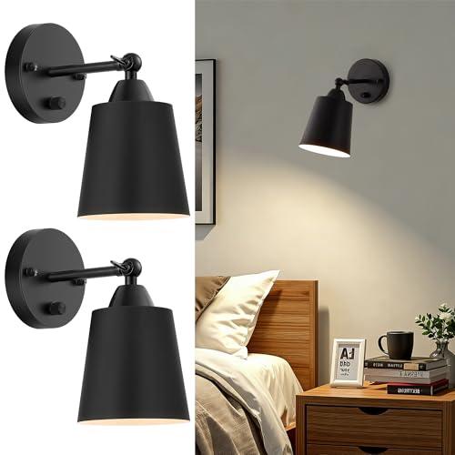 Mikniri Dimmable Wall Sconces Set of Two, Bedside Wall Mount Lamp with Rotary Switch, Black Bathroom Vanity Lights with Metal Shade, Hardwired Swing Arm Wall Lights for Bedroom Living Room Hallway
