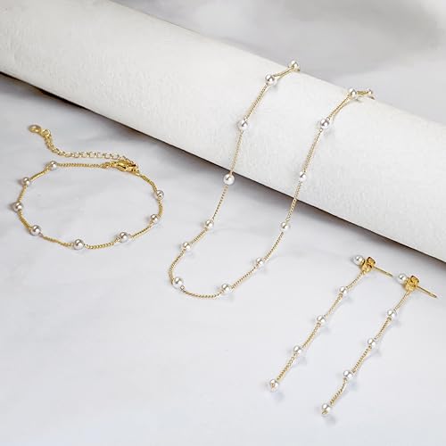 Image of Zeffy Gold Pearl Necklace for Women, Dainty 14K Gold /Silve Plated Layered Pearl Choker Pearl Earrings Pearl Bracelets Wedding Trendy Gold Jewelry Set for Women Gifts