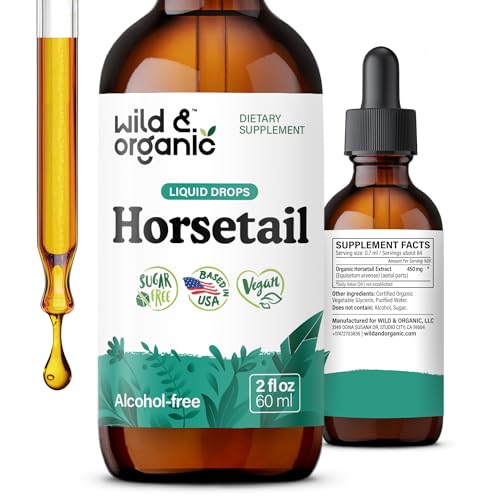 Wild & Organic Horsetail Extract Drops - Hair Skin Nails Support - Liquid Horsetail Supplement - Herb Powder Based Tincture - Vegan, Sugar & Alcohol-Free - 2 fl oz