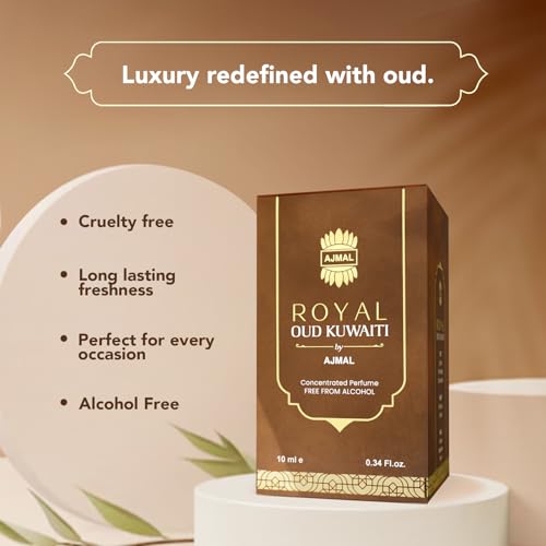 Ajmal Royal Oud Kuwaiti Attar Perfume for Men & Women | 10ml Non-Alcoholic Attar | Concentrated Perfume Oil with Oud, Woody & Musky Notes | Traditional Ittar | Versatile Office/Work Unisex Cologne
