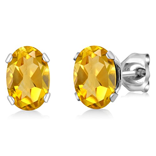 Gem Stone King 925 Sterling Silver Yellow Citrine Stud Earrings For Women (1.20 Cttw, Gemstone Birthstone, Oval Shape 7X5MM)