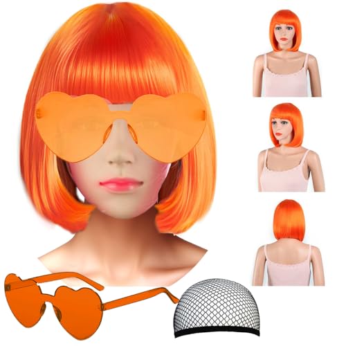 Image of LIULIUBTY Short Bob Hair Wigs Straight with Flat Bangs Synthetic Colorful Cosplay Daily Party Neon Wig for Women + Free Wig Cap 12 inch Natural As Real (Bob, Orange)