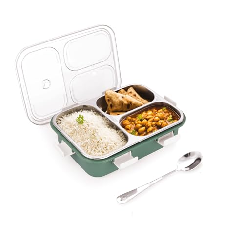 Image of Attro Bento 3 Compartment Stainless Steel Lunch Box with Steel Spoon, Heating & Water Insulation Design for Office, School & Travelling, 750ml- Light Green