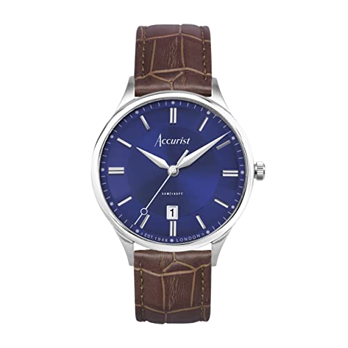 Accurist Montre à quartz classique pour homme avec affichage analogique 37 mm, Bleu, bracelet marron, Strap, Sangle