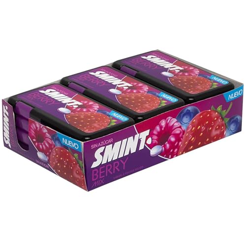Deliex delicias de Extremadura Smint Dispenser Flat | Caramelos Sin Azúcar y Sin Gluten de menta, frutos rojos o bubblefresh | con dispensador (Frutos rojos, 12 Latas)
