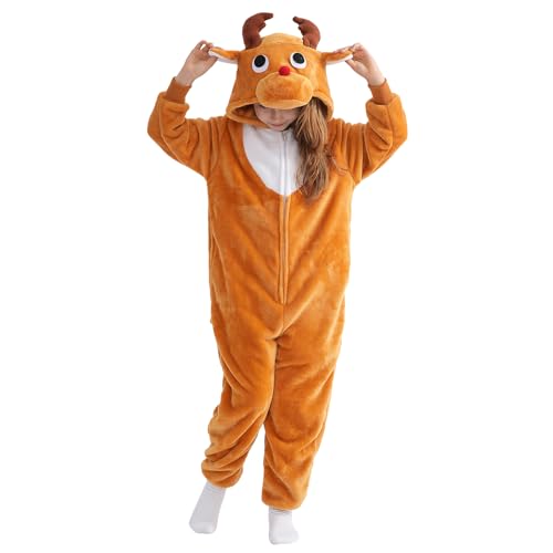 Beauty Shine Onesie Cartoon Animal Costume One Piece Pajamas Cosplay Halloween Christmas Sleepwear Jumpsuit Homewear (US Age 12 Years Reindeer)
