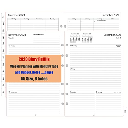 Recambio Agenda 2023 Semana Vista A5, 6 Anillas, Agenda Anual con Separadores de 12 Meses, Hojas de Budget Notas Contacto, Enero - Diciembre de 2023, 6 Agujeros, Papel grueso, 100 & 140 gr Cover
