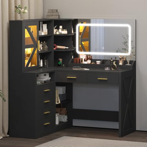 Image of Black L-Shaped Corner Vanity with LED Lighted Mirror & Open Storage Shelves