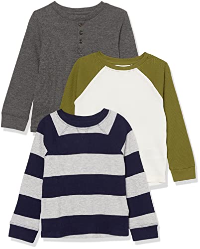 Amazon Essentials Jungen Langärmeliges, gestricktes Thermo-T-Shirt, 3er-Pack, Grau Rugby-Streifen/Kohlegrau/Weiß, 8 Jahre