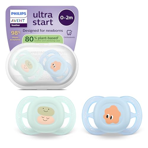 Philips Avent Ultra Start Ciuccio - Design ortodontico, per neonati, tettarella simmetrica in morbido silicone, senza BPA, con custodia per la sterilizzazione, confezione da 2, SCF075/14