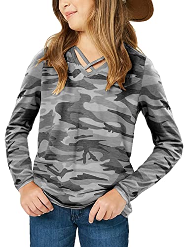 Image of Girls Camouflage Stripe Short Sleeve Shirts V Neck Criss Cross Tees Sweat Kids Casual Sport Tops Blouse（4-15T）