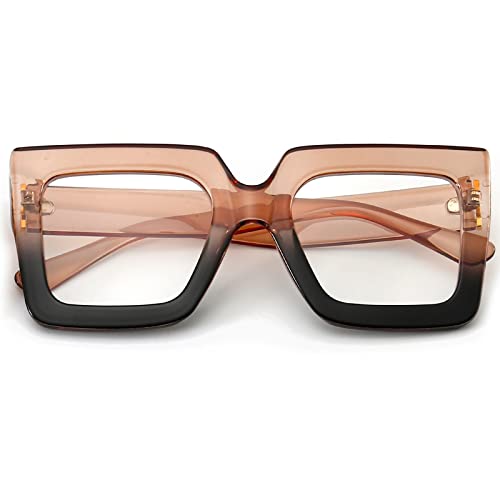 Breaksun Oversized Blue Light Glasses for Women Fashion Thick Square Computer Eyewear Non-Prescription Black Glasses (Champagne Black)
