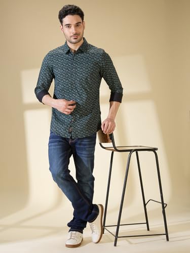 Image of Being Human Olive Slim Straight Fit Regular Collar Long Sleeves Men's Shirt Clothing