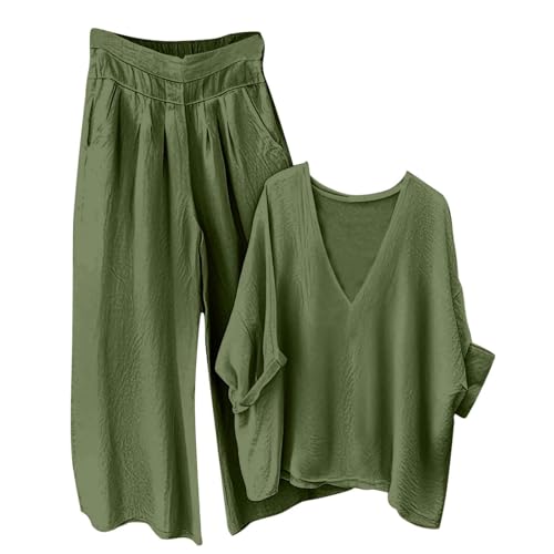 Loungewear Sets for Women Baggy Summer Two Piece Outfits Long Sleeve V Neck Blouses and Wide Leg Trousers Ladies Oversized Tracksuit Sets Cotton Linen Suits Pyjamas Set 2 Piece Co Ords