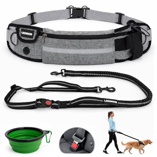 LEDINOR® Correa para Perro de Cintura Manos Libres + Cuenco Plegable de Silicona, Cinturón con Riñonera, Doble Asa y Sistema Antitirones con Absorción de Impacto, Hebilla Cinturón de Seguridad