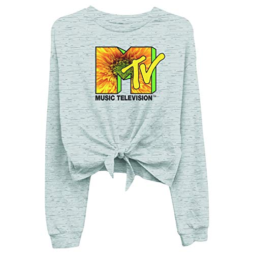 MTV Ladies Long Sleeve T-Shirt - I Want My Logo Tie Front Long Sleeve Tee (Grey Heather Tie Front, Large)