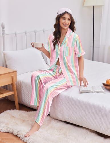 Image of Ekouaer Silk Satin Pajamas for Women Set 2 Piece Short Sleeve Button Up Pjs