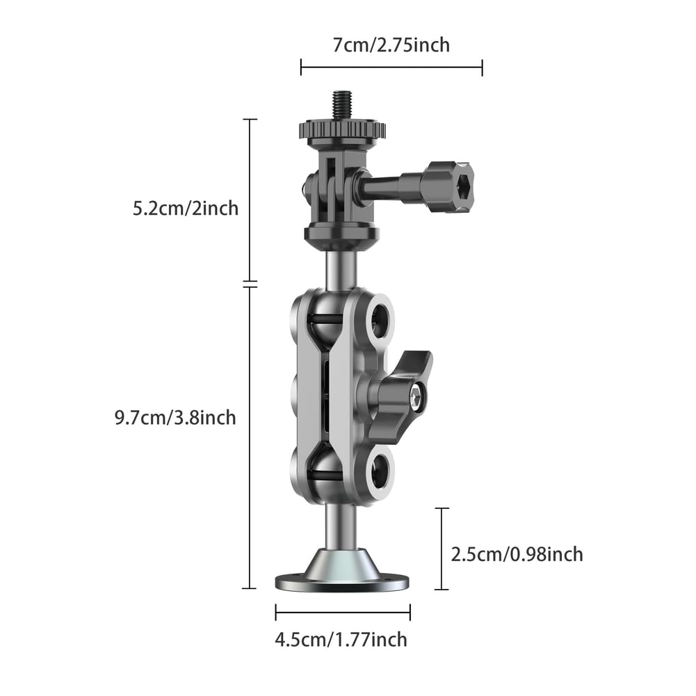 Soporte de pared para cámara de 1/4 pulgadas, aleación de aluminio ajustable para rótula de 360 grados con diseño de doble bola, plateado, 7 x 4,5 x 14,9 cm