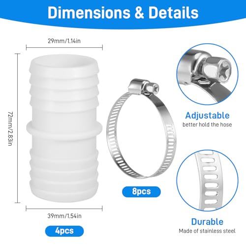 Zocipro 4Pcs Pool Hose Connector diameter 38 to 38 mm with 8 Metal Clamps, Universal Washing Machine Waste Pipe Connector - Image 2