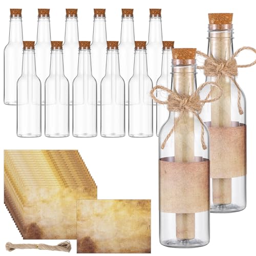 Baderke 12 Pcs 5.6 oz Message Bottles with Letter Printer Paper Plastic Bottles & Corks Twines for Message Invitations Birthday Wedding Baby Shower DIY Crafts Gift Party Favors (Vintage)