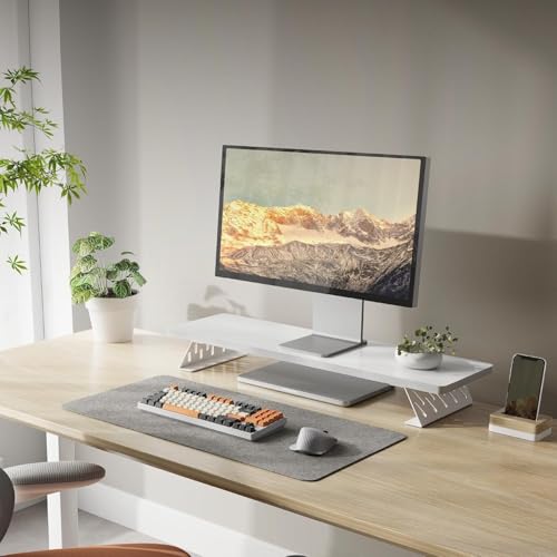 Image of 58180 Monitor Stand Riser for Desk 80cm Large Computer Monitor Stand for 2 Monitors Wooden Desk Organizer Stand for PC, Laptop, Printer, TV Screen - White base - White top