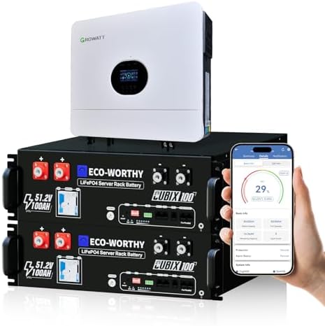 ECO-WORTHY Home Energy Storage:48V 200AH (100AH*2) Server Rack LiFePO4 Battery (Version 3) & 6000W 48V Hybrid Inverter for Off-Gird Solar,Workshop