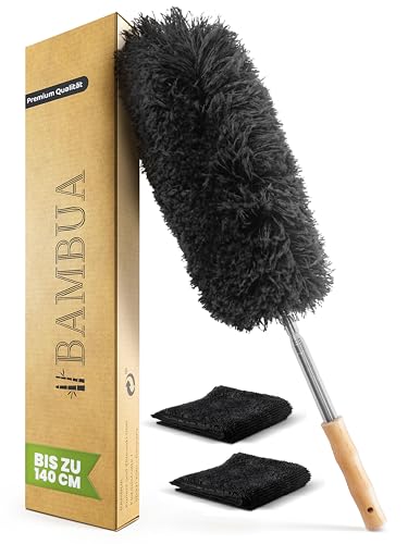 BAMBUA Staubwedel Teleskop (140 cm) - Effektiver Staubfänger mit erstklassiger Mikrofaser - Nachhaltiger Bambusgriff - Premium Staubwischer für nachhaltige Reinigung inkl. 2X Mikrofasertuch