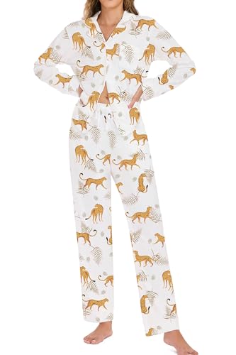 Image of LUBOT 100% Cotton Pajamas for Women Pajama Set 2 Piece PJ Sleepwear Set Soft Ladies Button Knit Long Sleeve Loungewear XS-XXL