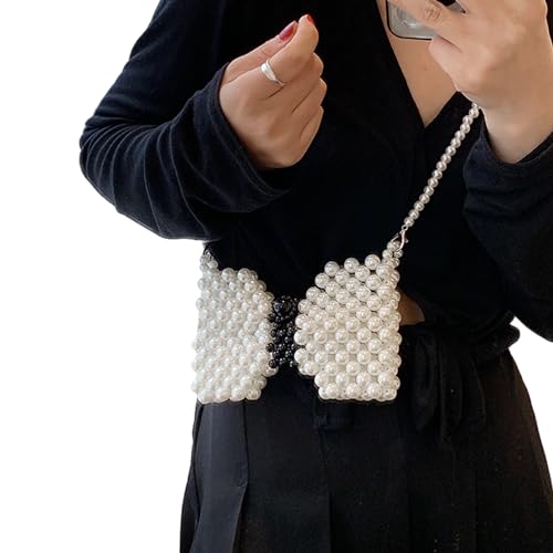 Image of Girls Mini White Pearl Purse Handbag Butterfly Satchel Shoulder Bag Beaded Clutch Evening Bag for Women