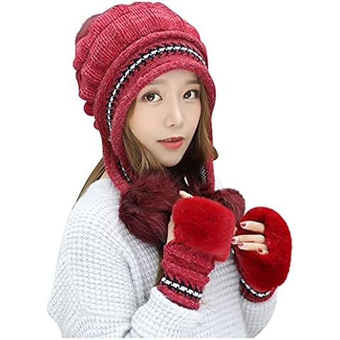 OYSOHE BK 2PC Women Knitted Hat with Ear Flaps & Winter Warm Beanie Gloves Sets Hat with Pom Pom Bobble Hat Plush Warm Woolen Hat (A-Red, One Size) Cover