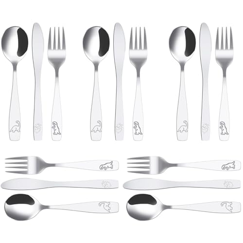 15Pcs Couverts Enfant Inox 5 x Fourchette 5 x Cuillère 5 x Couteau Dentelé Sûr Couverts Enfant Jungle Dinosaure Gravé Couvert Inox pour Maison Restaurant École...