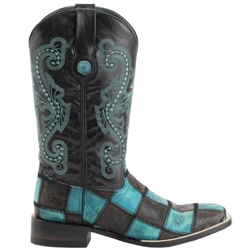 Mens Patchwork Embroidered Square Toe Casual Boots Mid Calf - Black, Blue