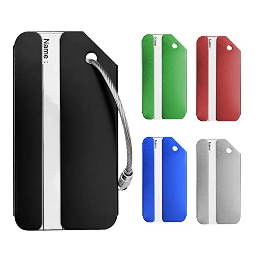 Flintronic 5 Piezas Etiquetas Maletas Viaje, Etiquetas de Equipaje de Aleación de Aluminio de Color Brillante con Cable de Acero y Tarjeta de Identificación,para Viaje,Equipaje Facturado-Cinco Colores