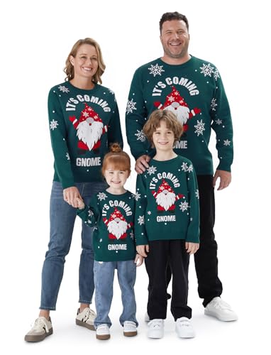 PATPAT Ugly Christmas Sweater Family Set His and Hers Christmas Sweaters Long Sleeve Dark Green Gnome Xmas Holiday Party Knitted Pullover Tops Dad and Son Christmas Sweaters for Couples Adults Men L