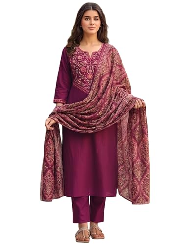 Image of GoSriKi Women's Rayon Viscose Straight Printed Embroidered Kurta with Pant & Dupatta | Ethnic Kurta Set for Women | Daily, Office & Festive Traditional