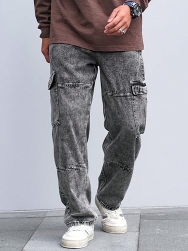 Image of URBAN POCKETS Jeans for Men | Denim Cargo Pants with Baggy Fit Utility Pockets & Streetwear Stitch Design (Cargo-U01-U02)