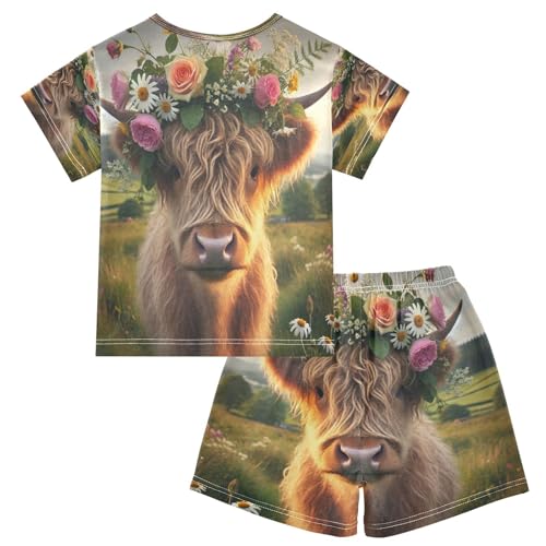 Highland Cow Farmhouse Pajama Set Short Sleeve PJ Set Cotton Summer Pajamas Sleepwear Soft 5Y2
