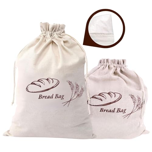 Sanmico® 2 Pack Reusable Bread Bag - Linen Bags For Storage Homemade & Sourdough Bread - With Plastic Lining- 2 Sizes, XL & Large. (XL & L)