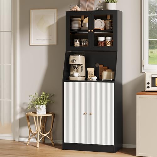 MISNODE Armario de cocina con encimera, armario buffet con 2 puertas de cristal y LED, cocina buffet con 4 puertas, estante ajustable, armario alto para cocina, salón comedor (negro-XF02, 70 x 40 x